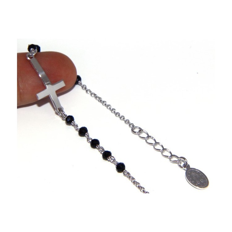 NSA|Bracciale rosario uomo in Argento 925 madonna miracolosa , croce convessa e cristallo nero . Mis 17,00 - 20.00