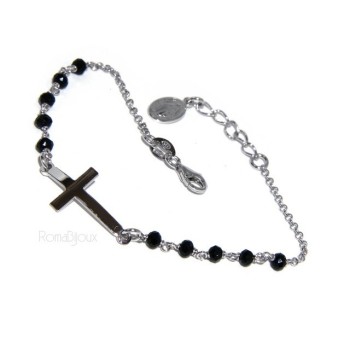 NSA|Bracciale rosario uomo in Argento 925 madonna miracolosa , croce convessa e cristallo nero . Mis 17,00 - 20.00