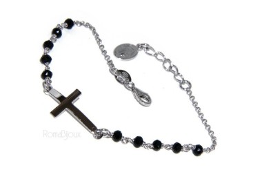 NSA|Bracciale rosario uomo in Argento 925 madonna miracolosa , croce convessa e cristallo nero . Mis 17,00 - 20.00