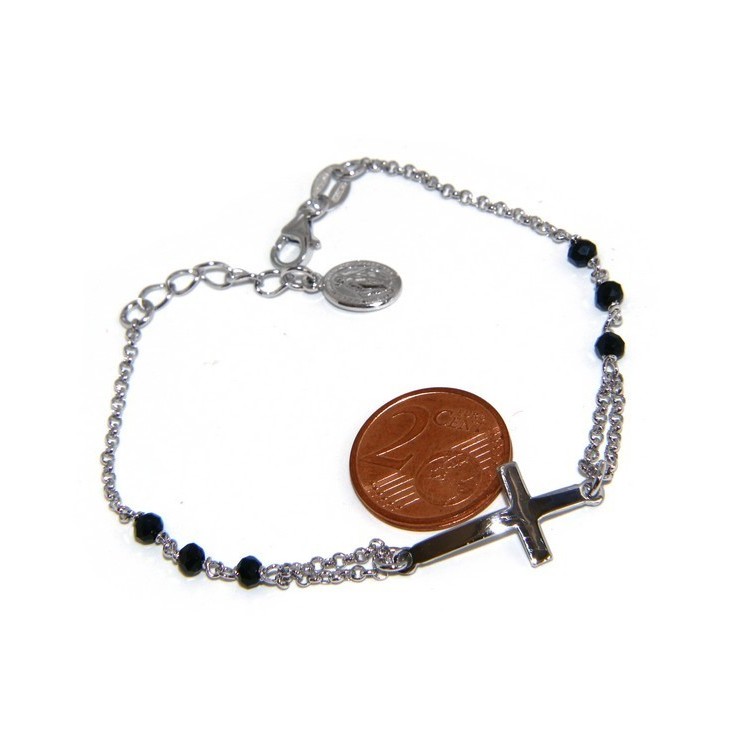NSA|Bracciale rosario uomo in Argento 925 madonna miracolosa , croce convessa e cristallo nero . Mis 19,50