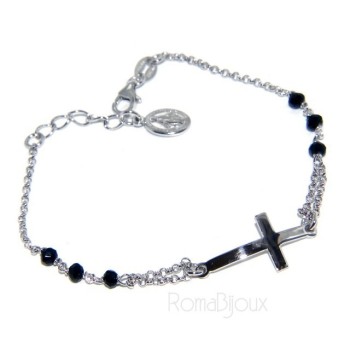 NSA|Bracciale rosario uomo in Argento 925 madonna miracolosa , croce convessa e cristallo nero . Mis 19,50