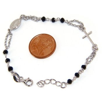 NSA|Bracciale rosario uomo donna Argento 925 madonna miracolosa , croce piccola e cristallo nero . Mis. 16,50 - 19,00