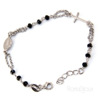 NSA|Bracciale rosario uomo donna Argento 925 madonna miracolosa , croce piccola e cristallo nero . Mis. 16,50 - 19,00