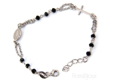 NSA|Bracciale rosario uomo donna Argento 925 madonna miracolosa , croce piccola e cristallo nero . Mis. 16,50 - 19,00