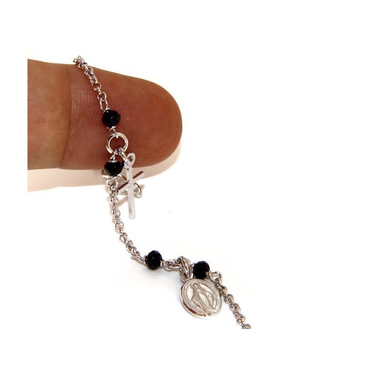 NSA|Bracciale rosario uomo donna Argento 925 cristallo nero , ciondoli croce madonna miracolosa cm 16,50 19,00