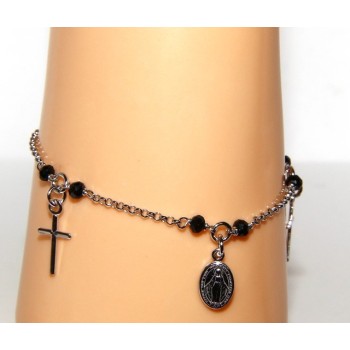 NSA|Bracciale rosario uomo donna Argento 925 cristallo nero , ciondoli croce madonna miracolosa cm 16,50 19,00