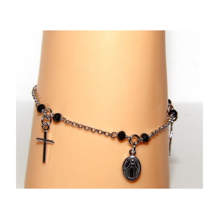 NSA|Bracciale rosario uomo donna Argento 925 cristallo nero , ciondoli croce madonna miracolosa cm 16,50 19,00