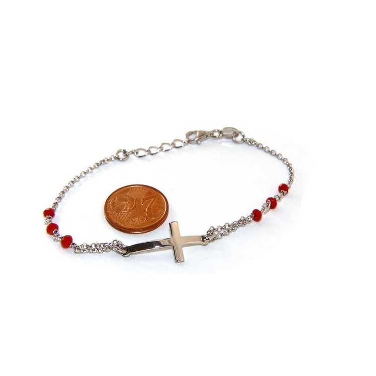 NSA|Rosary bracelet male female 925 silver convex cross and red crystal. mis 19,00