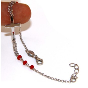 NSA|Bracciale rosario uomo donna in Argento 925 croce convessa e cristallo rosso . Mis 19,00