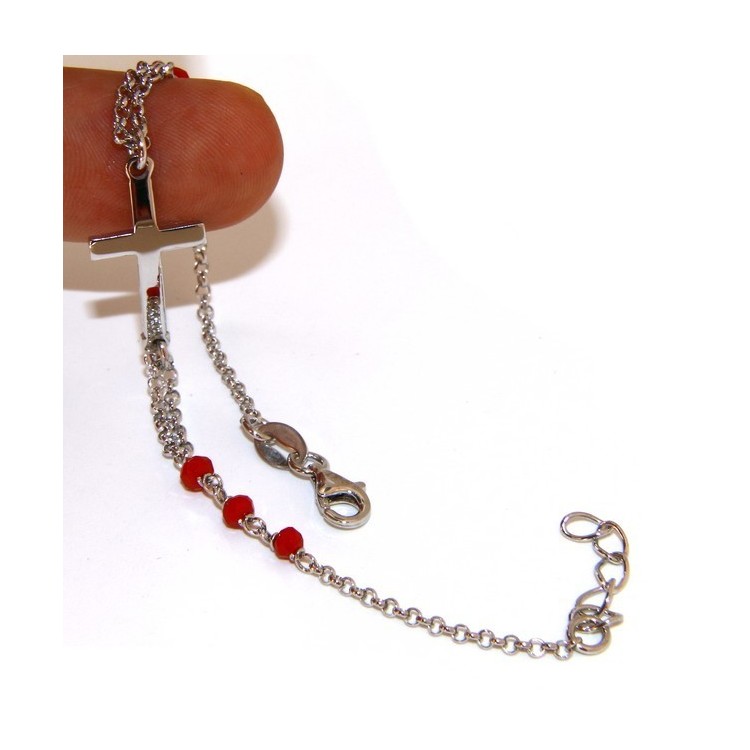 NSA|Bracciale rosario uomo donna in Argento 925 croce convessa e cristallo rosso . Mis 19,00