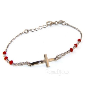 NSA|Bracciale rosario uomo donna in Argento 925 croce convessa e cristallo rosso . Mis 19,00