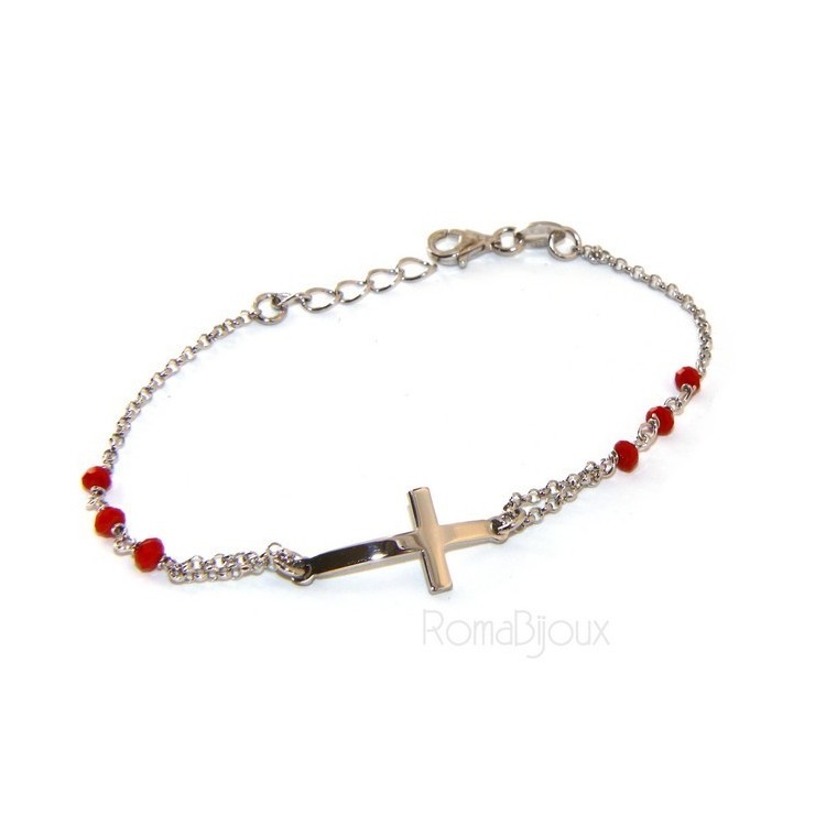 NSA|Bracciale rosario uomo donna in Argento 925 croce convessa e cristallo rosso . Mis 19,00
