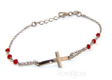 NSA|Bracciale rosario uomo donna in Argento 925 croce convessa e cristallo rosso . Mis 19,00