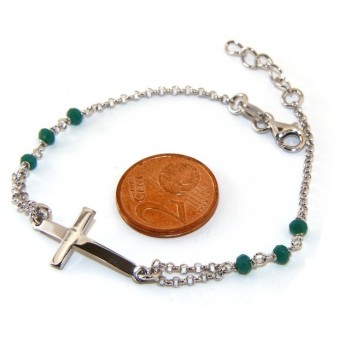 NSA|Rosary bracelet male female 925 silver  convex cross and green crystal. cm 16.50 18.50