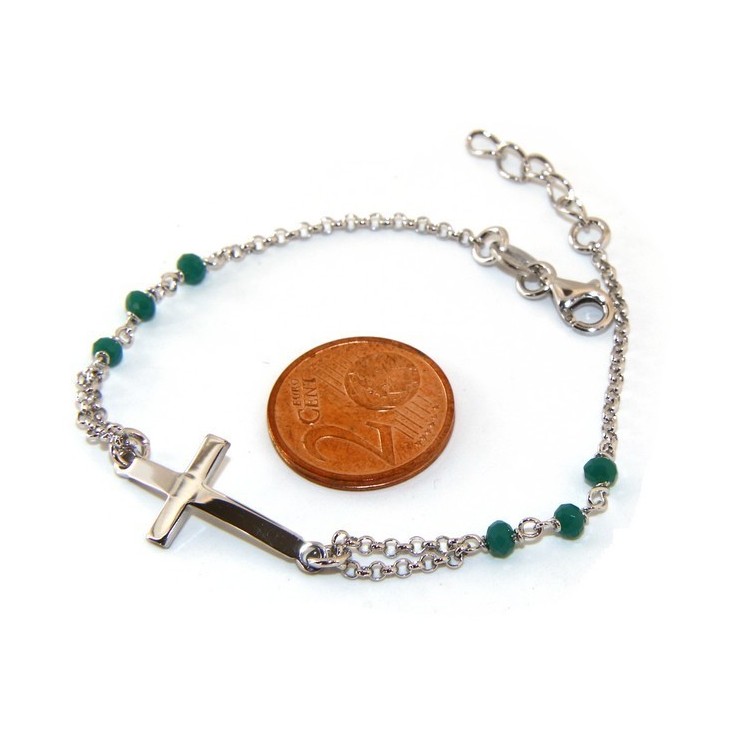 NSA|Rosary bracelet male female 925 silver  convex cross and green crystal. cm 16.50 18.50