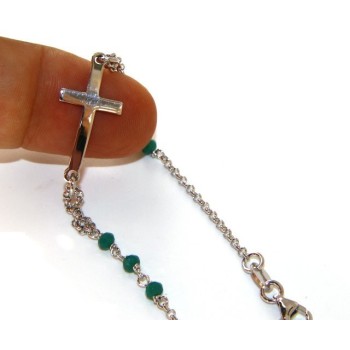 NSA|Rosary bracelet male female 925 silver  convex cross and green crystal. cm 16.50 18.50