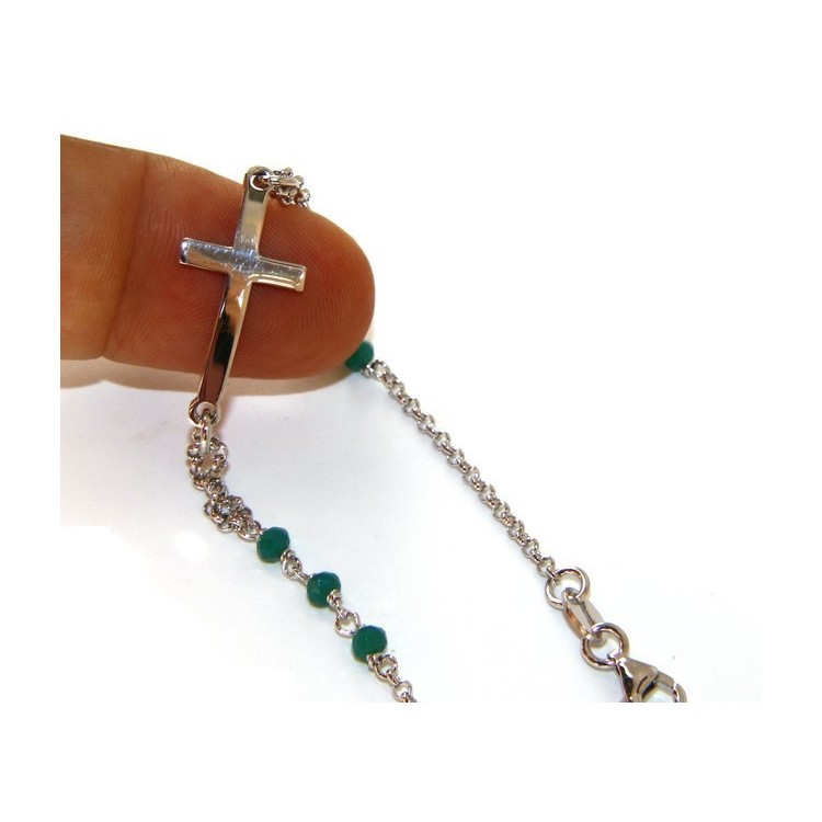 NSA|Bracciale rosario uomo donna in Argento 925 croce convessa e cristallo verde . cm 16,50 18,50
