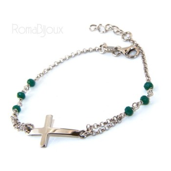 NSA|Bracciale rosario uomo donna in Argento 925 croce convessa e cristallo verde . cm 16,50 18,50
