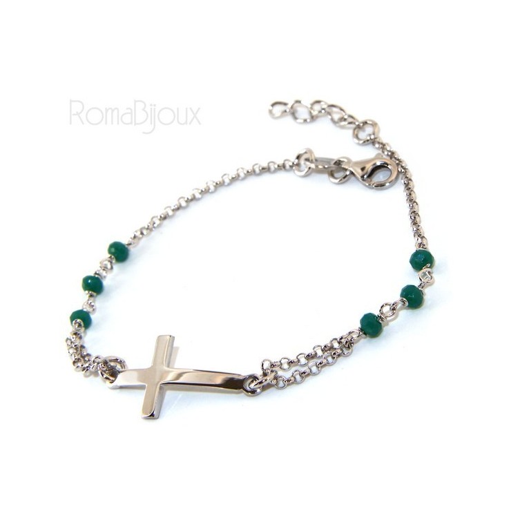 NSA|Bracciale rosario uomo donna in Argento 925 croce convessa e cristallo verde . cm 16,50 18,50