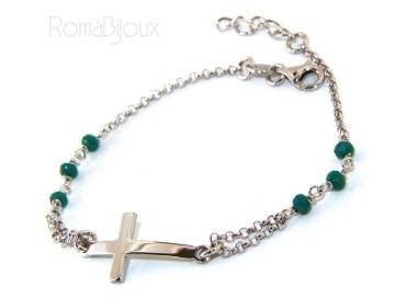 NSA|Bracciale rosario uomo donna in Argento 925 croce convessa e cristallo verde . cm 16,50 18,50