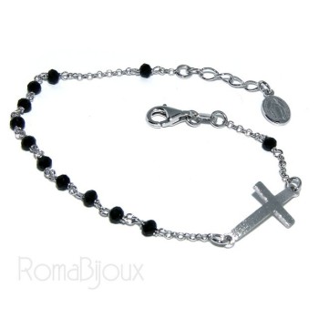 NSA|Bracelet rosary man in 925 madonna miraculous satin convex cross and black crystal. 18-20 cm