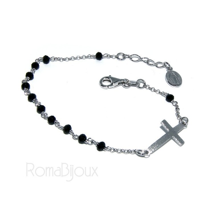NSA|Bracciale rosario uomo in Argento 925 madonna miracolosa croce convessa satinata e cristallo nero . cm 18-20