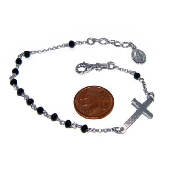 NSA|Bracciale rosario uomo in Argento 925 madonna miracolosa croce convessa satinata e cristallo nero . cm 18-20