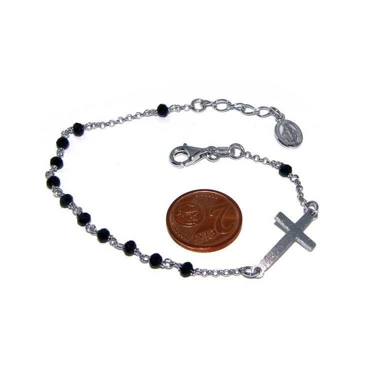 NSA|Bracelet rosary man in 925 madonna miraculous satin convex cross and black crystal. 18-20 cm