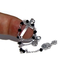 NSA|Bracciale rosario uomo in Argento 925 madonna miracolosa croce convessa satinata e cristallo nero . cm 18-20