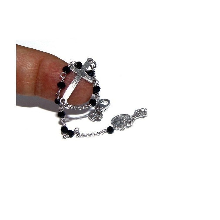 NSA|Bracelet rosary man in 925 madonna miraculous satin convex cross and black crystal. 18-20 cm