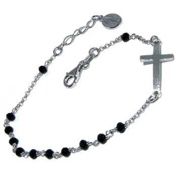 NSA|Rosary bracelet Silver 925 miraculous madonna satin convex cross and black crystal 18-20 cm
