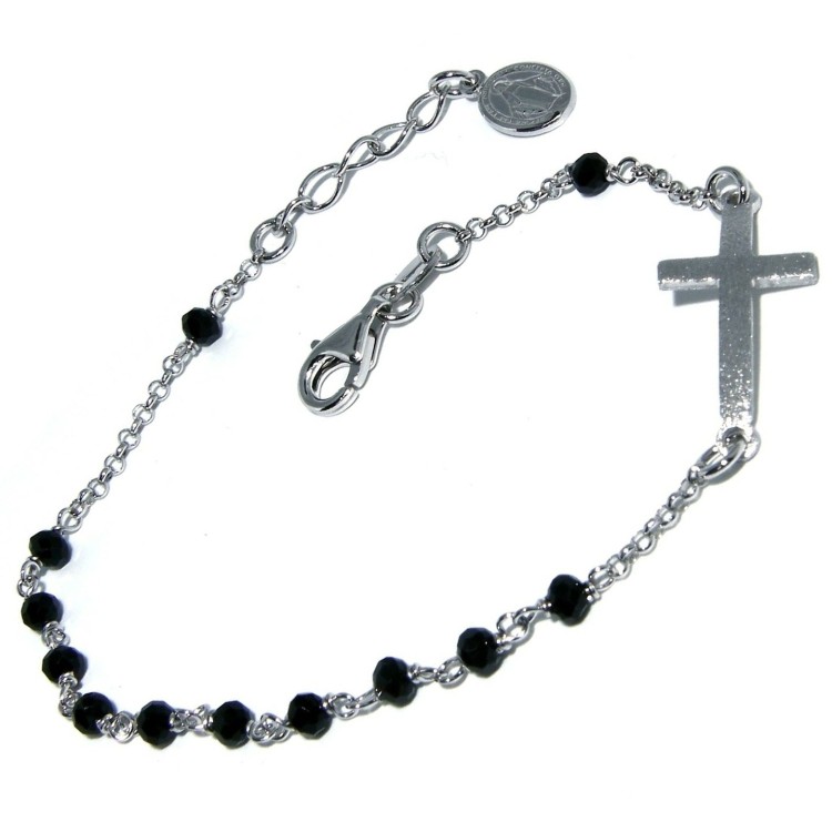 NSA|Bracciale rosario Argento 925 madonna miracolosa croce convessa satinata e cristallo nero cm 18-20