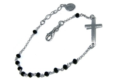 NSA|Rosary bracelet Silver 925 miraculous madonna satin convex cross and black crystal 18-20 cm