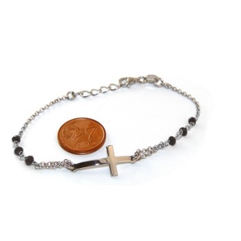 NSA|Rosary bracelet male female 925 silver  convex cross and black crystal. cm 16.50 18.50