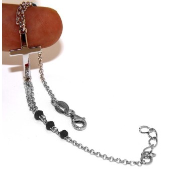 NSA|Bracciale rosario uomo donna in Argento 925 croce convessa e cristallo nero . cm 16,50 18,50
