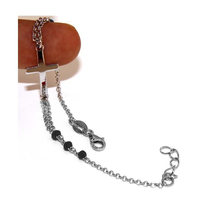 NSA|Rosary bracelet male female 925 silver  convex cross and black crystal. cm 16.50 18.50