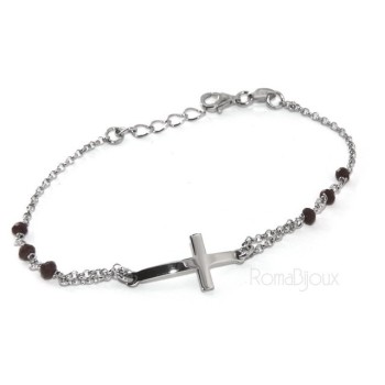 NSA|Bracciale rosario uomo donna in Argento 925 croce convessa e cristallo nero . cm 16,50 18,50