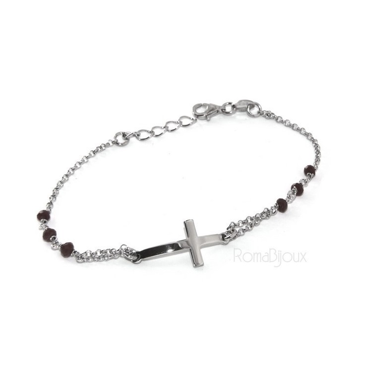 NSA|Bracciale rosario uomo donna in Argento 925 croce convessa e cristallo nero . cm 16,50 18,50