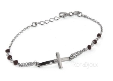 NSA|Bracciale rosario uomo donna in Argento 925 croce convessa e cristallo nero . cm 16,50 18,50