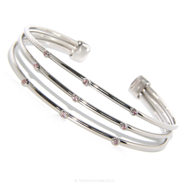 NSA|ARGENTO 925 : Bracciale donna schiava aperto 3 file zirconi rosa naturali brillante
