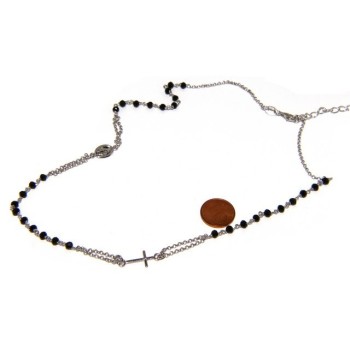 NSA|Collana Rosario uomo Argento 925 Con cristallo nero croce e madonna miracolosa 45+5 cm