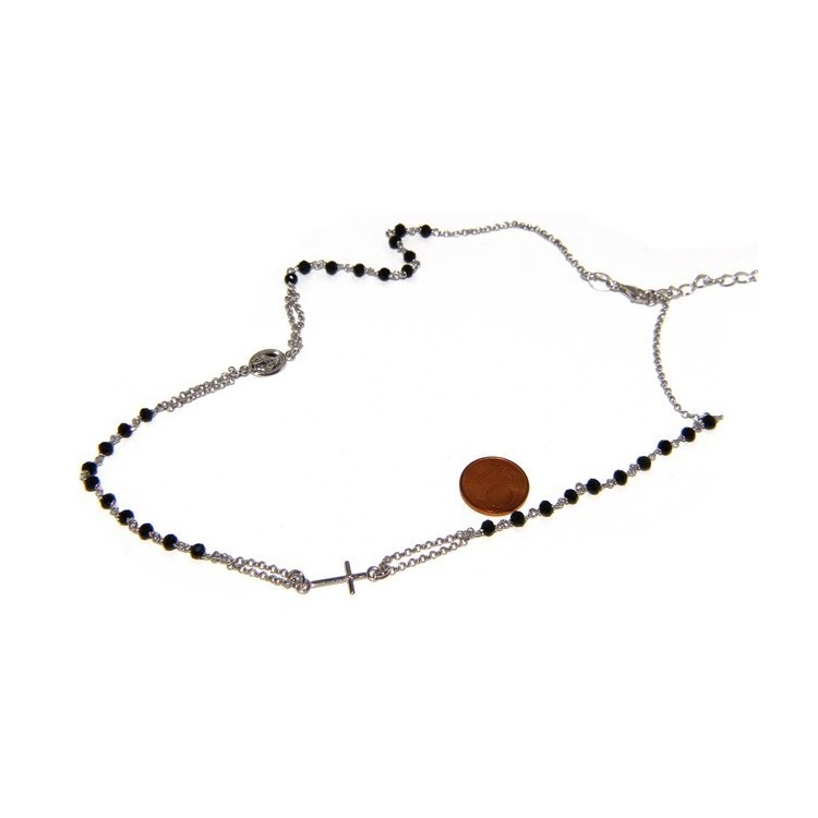 NSA|Collana Rosario uomo Argento 925 Con cristallo nero croce e madonna miracolosa 45+5 cm