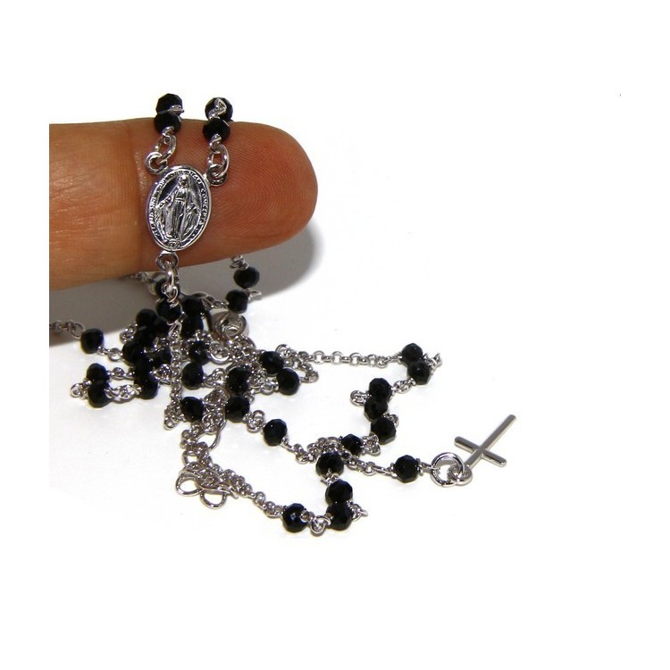 NSA|Rosary necklace man 925 With black crystal 3 / 3.5 mm cross and madonna image 49 + 5