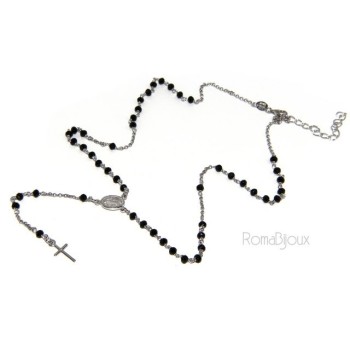 NSA|Collana Rosario uomo Argento 925 Con cristallo nero 3/3,5 mm croce e immagine madonna 49+5