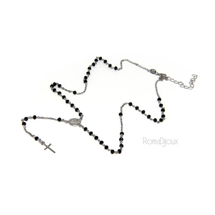 NSA|Collana Rosario uomo Argento 925 Con cristallo nero 3/3,5 mm croce e immagine madonna 49+5