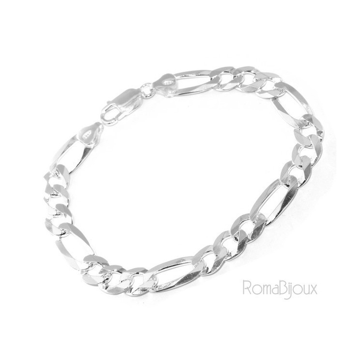NSA|ARGENTO 925 : Bracciale uomo massiccio catena da 8,5 mm figaro 3 + 1 sbiancata 21 cm