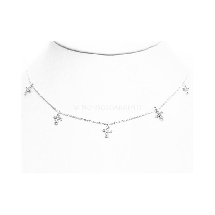NSA|Argento 925 : Collana Collier donna 5 pendenti a giro croce con pavè zirconi aquamarine light