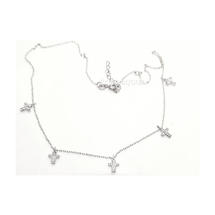 NSA|Argento 925 : Collana Collier donna 5 pendenti a giro croce con pavè zirconi aquamarine light
