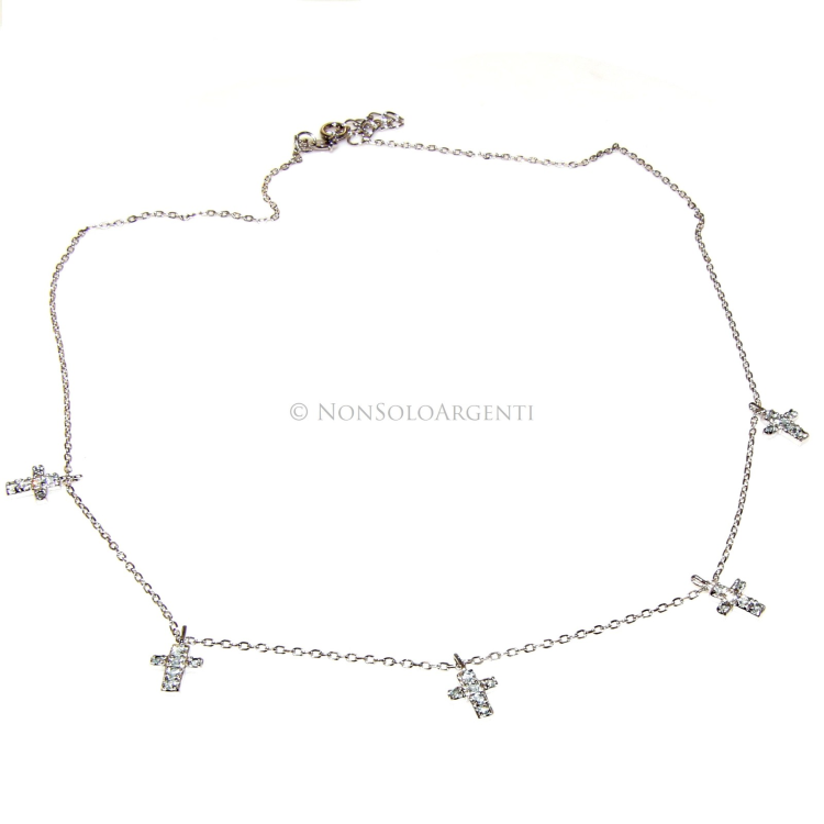 NSA|Argento 925 : Collana Collier donna 5 pendenti a giro croce con pavè zirconi aquamarine light