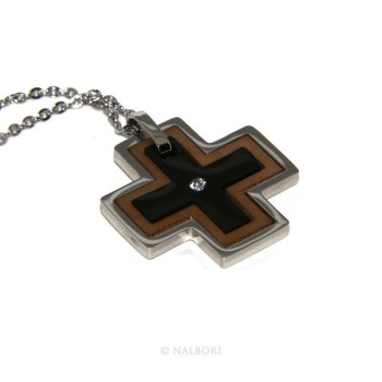 NSA|Steel hypoallergenic: Exclusive necklace © NALBORI rolo 'cross pendant puzzle 3 colors zircon